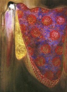 Yoshitaka Amano, illustration for The Sandman: The Dream Hunters – a pale woman wrapped in a vast red and violet robe