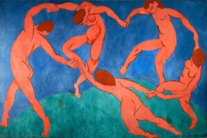 Henri Matisse, Dance (1910): five red figures dancing hand in hand in a circle on a green hill under a blue sky